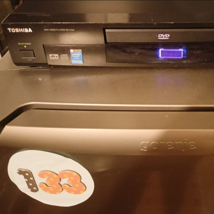 Zdjęcie przedstawia serwer w obudowie odtwarzacza DVD, który stoi na lodówce, a na jej drzwiach widoczna liczba 133 ułożona z magnesów.